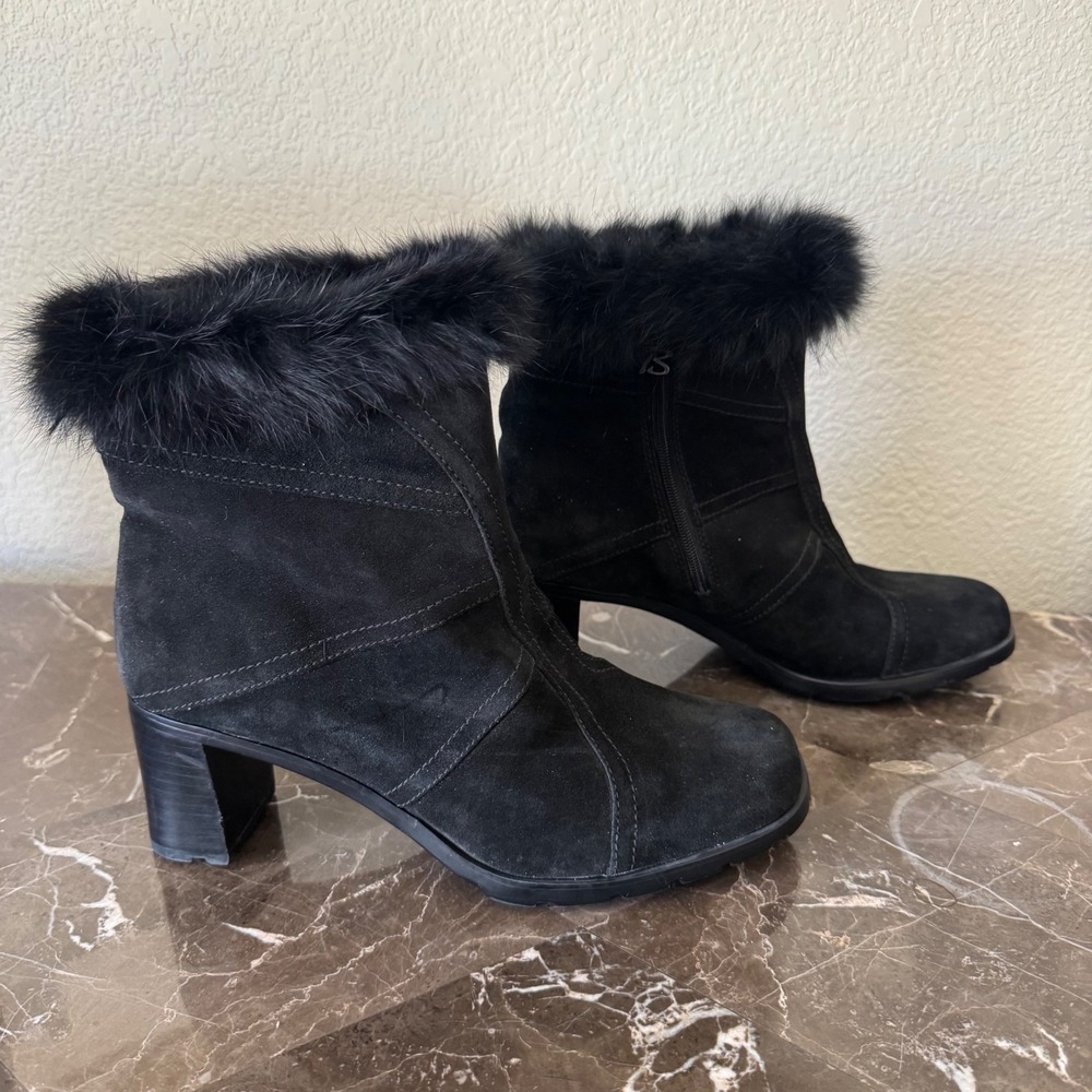 Brilliant Waterproof Black Suede Faux Fur Trim Ankle Boots W8017 Block Heel 7.5M